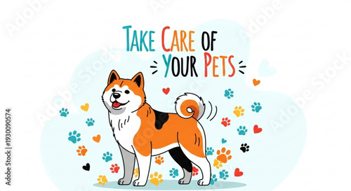 Cute akita dog surrounded by colorful paw prints and hearts with 'take care of your pets' text