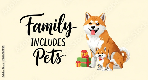 Heartwarming family illustration with dogs and gifts on cream background