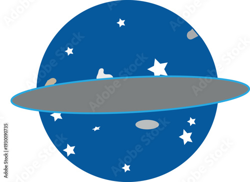 Vector illustration of a cartoon cat sitting on the moon above the blue ocean with waves, fish, and nature elements in a decorative design