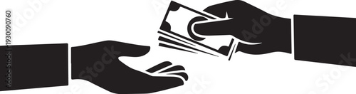 Black silhouette of two hands exchanging money white background