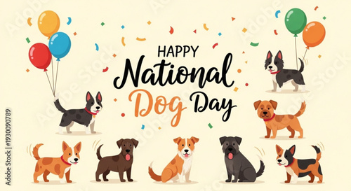 Happy national dog day celebration with colorful dogs and balloons