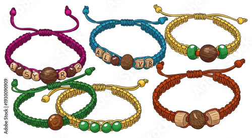 Colorful handmade woven bracelets with wooden beads and adjustable cords on white background perfect for bohemian fashion accessories