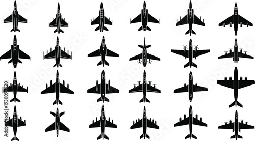 Black silhouette collection of military jet fighters and commercial airplanes icons set with top view aircraft for aviation design projects