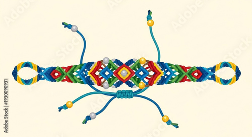 Vibrant handmade beaded bracelet with colorful threads and knots on cream background