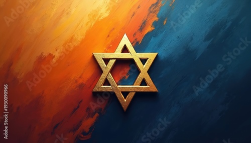Golden Star of David on abstract orange blue paint background. Jewish symbol represents Yom Kippur holiday faith culture and tradition. Spiritual design element for religious celebration.
