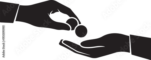 Black silhouette of two hands passing coins white background