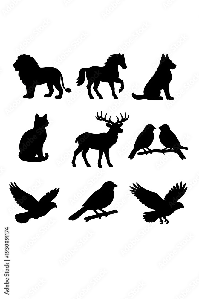 Obraz premium “Group of Domestic Animal Silhouettes Featuring Cats, Dogs, Birds, and Other Creatures in Various Poses”