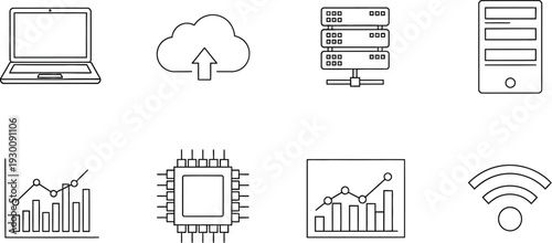 Modern technology and data analysis icons representing cloud computing and computer hardware for business and innovation purposes effectively