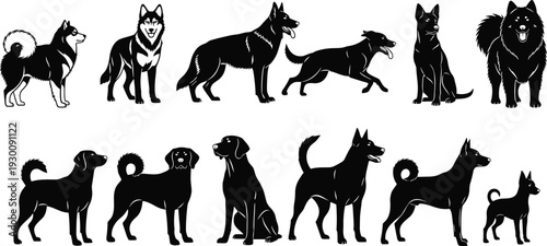 Black dog silhouettes collection including husky german shepherd labrador and puppy icons isolated on white background for vector graphic design projects.