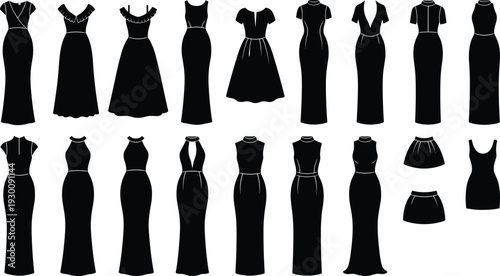 Black silhouette set of elegant evening dresses and female fashion garments for clothing store catalog and apparel design elements isolated.