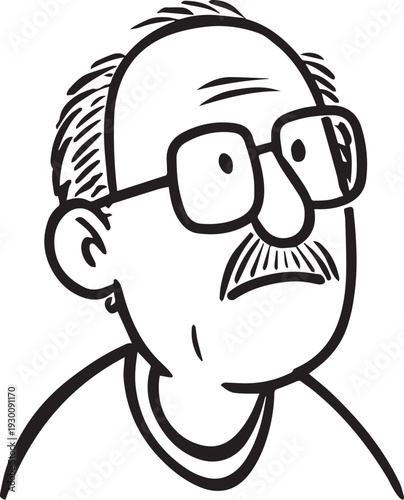 Hand Drawn Old Man Black and White Avatar Illustration in Minimal Line Art Style Design