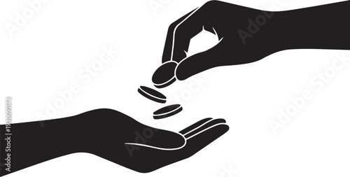 Black silhouette of two hands with coins falling white background
