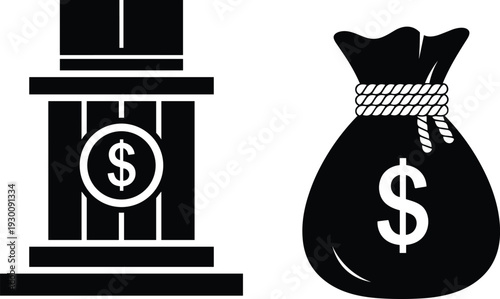 Bank and money bag silhouette vector icon set representing finance, savings, wealth, and cash storage concepts in bold monochrome style