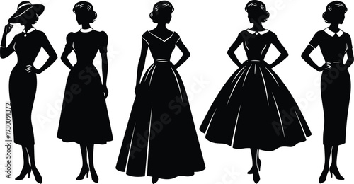 Black silhouette set of elegant vintage women wearing mid-century dresses and hats for retro fashion boutique and classic apparel design.