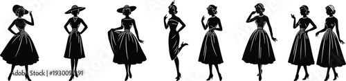 Black silhouette set of elegant vintage women in mid-century dresses and hats for retro fashion boutique and classic apparel design.