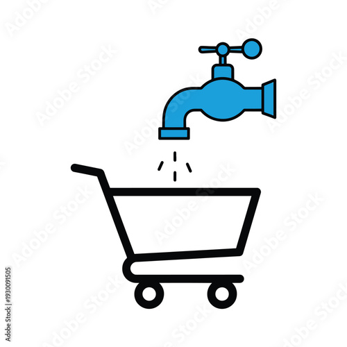 Vector illustration of a shopping cart filling up with water from a faucet, symbolizing waste and excess