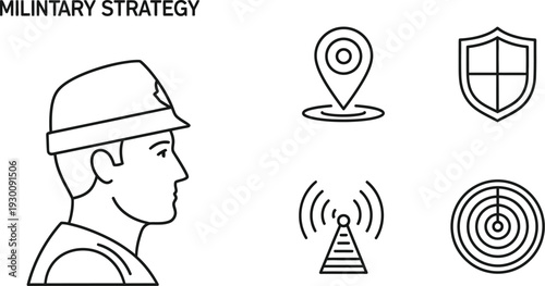 Military strategy concept illustration featuring soldier and tactical symbols for defense and navigation purposes effectively