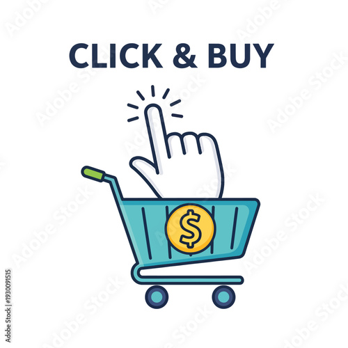 Hand clicking on a shopping cart with a dollar sign, vector illustration of online shopping and e-commerce