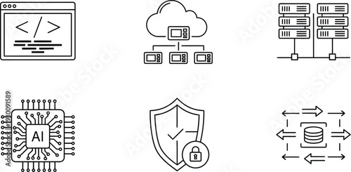 Artificial intelligence and cybersecurity icons representing cloud computing and data protection in modern technology infrastructure systems