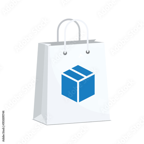 Vector illustration of a parcel bag with a blue box on it, viewed from the front
