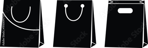 Black silhouette set of paper shopping bags with various handles for retail store packaging and commercial gift bag design elements.