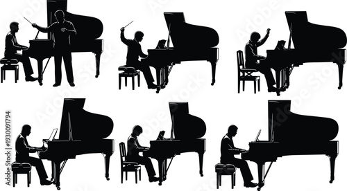 Black silhouette of professional pianist playing grand piano with conductor music teacher in various poses isolated on white background vector illustration.