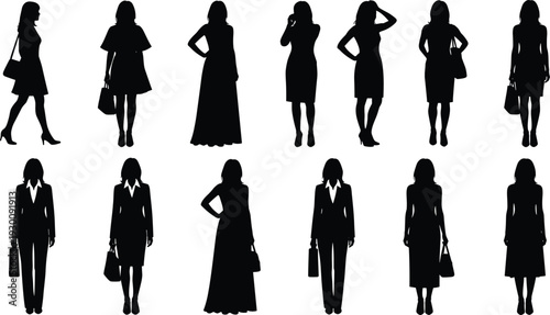 Black silhouette set of professional business women and casual ladies in various outfits for corporate office and lifestyle fashion design.