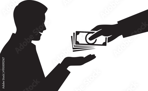 Silhouette of man receiving money from another person