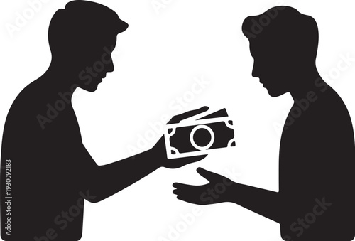 Silhouette of two men exchanging banknotes people money