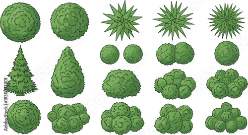 Hand drawn set of green landscape plant icons with top view trees and bushes for architectural garden design and site maps