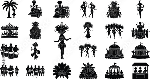 Black Silhouette Vector Icons Set Featuring Brazilian Carnival Dancers Samba Parade Performers Festival Floats Tropical Elements and Traditional Drumming Band Musicians