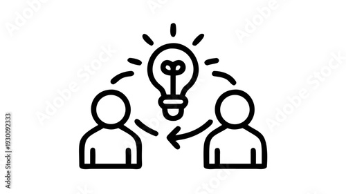 Diverse business team brainstorming new ideas and collaborating on a project with innovation symbols.
