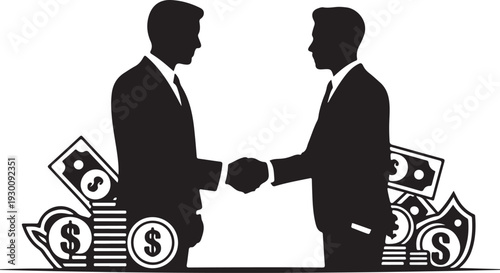 Two businessmen shaking hands with money and dollar signs