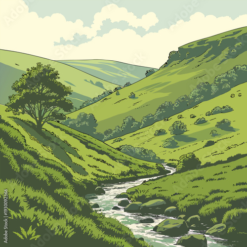 Lush Green Mountain Valley with River