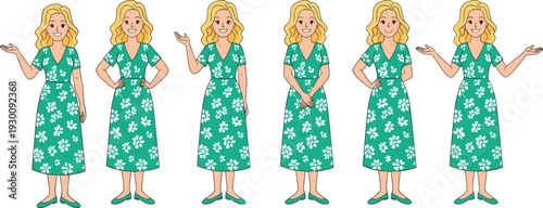 Vector illustration set of a beautiful blonde woman in a green floral dress with various poses and hand gestures isolated.
