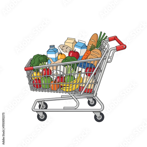 Illustration of a shopping cart filled with various food items from a supermarket viewed directly from the front
