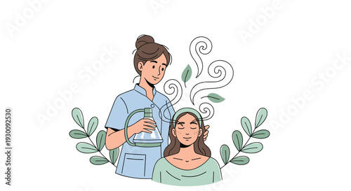 A smiling woman in a light blue uniform administers an aromatherapy treatment with a flask to another woman with closed eyes surrounded by swirling vapor and green leaves, Generative AI.