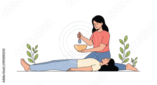 A person lies flat on their back receiving sound healing from another person striking a singing bowl with a mallet flanked by green plants, Generative AI.