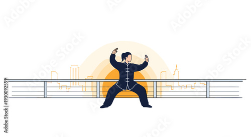 A person in a dark blue Tai Chi uniform performs a graceful pose on a grey balcony with a radiating orange sun and city skyline in the background, Generative AI.