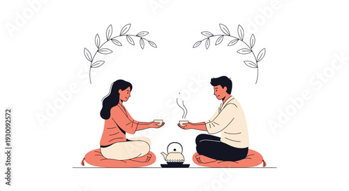 A man and a woman sit cross-legged on pink cushions engaging in a tea ceremony with a teapot and cups framed by delicate leafy branches, Generative AI.