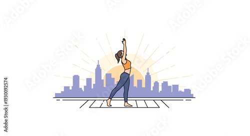 A woman in an orange top and blue pants performs a standing stretch on a yoga mat in front of a purple city skyline with a radiating orange sun, Generative AI.