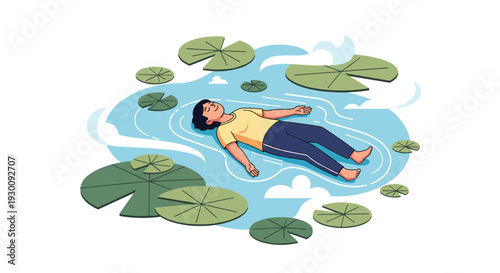 A person floats peacefully on their back in a pond surrounded by an abundance of green lily pads and soft cloud shapes, Generative AI.