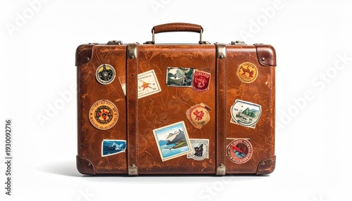 Vintage brown suitcase adorned with travel stickers against white background.
