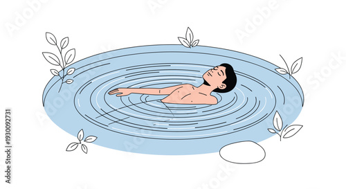 A person floats serenely on their back in a tranquil blue pool of water surrounded by gentle ripples and green foliage, Generative AI.