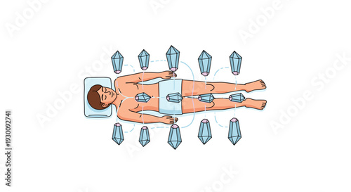 A person undergoes a crystal healing session lying on a blue mat with numerous light blue crystals placed on and around their body, Generative AI.