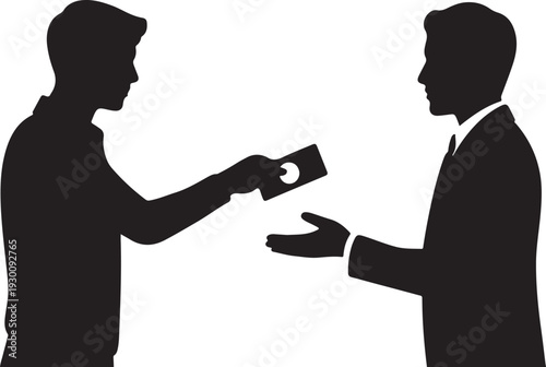 Two men exchanging a card silhouettes businessmen