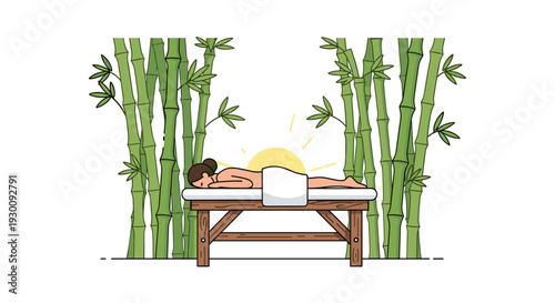A woman receives a relaxing massage on a wooden table surrounded by tall bamboo stalks and a gentle sun in a tranquil spa setting, Generative AI.