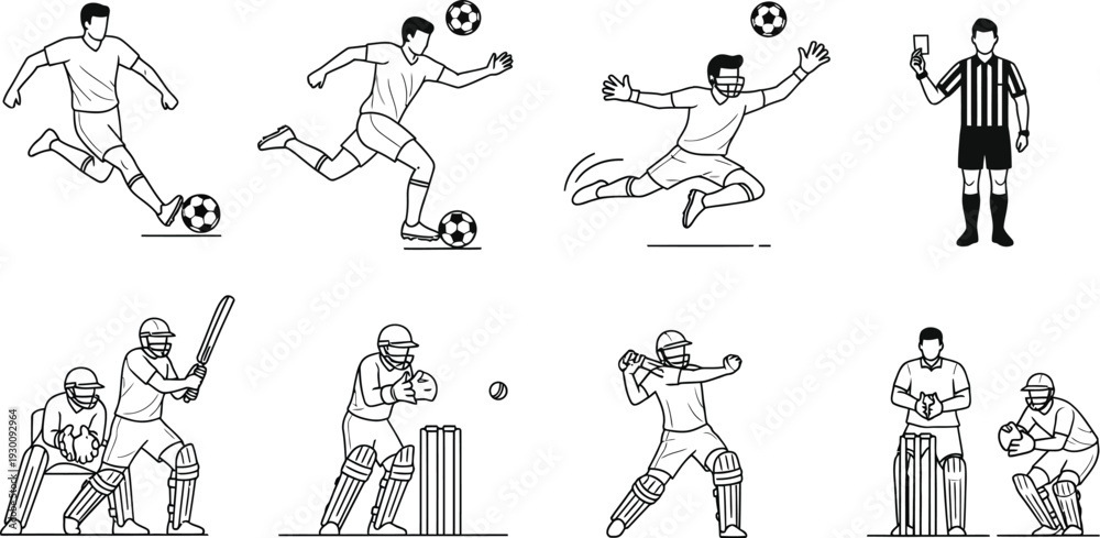 Fototapeta premium Collection of dynamic sports illustrations featuring soccer and cricket players in various action poses and scenarios