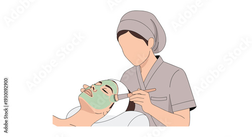 A spa therapist in a grey uniform applies a green facial mask to a relaxed client's face with a brush against a white background, Generative AI.