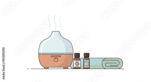 A peach aroma diffuser emitting white steam is positioned next to two essential oil bottles and a folded blue towel on a dashed line against a white background, Generative AI.